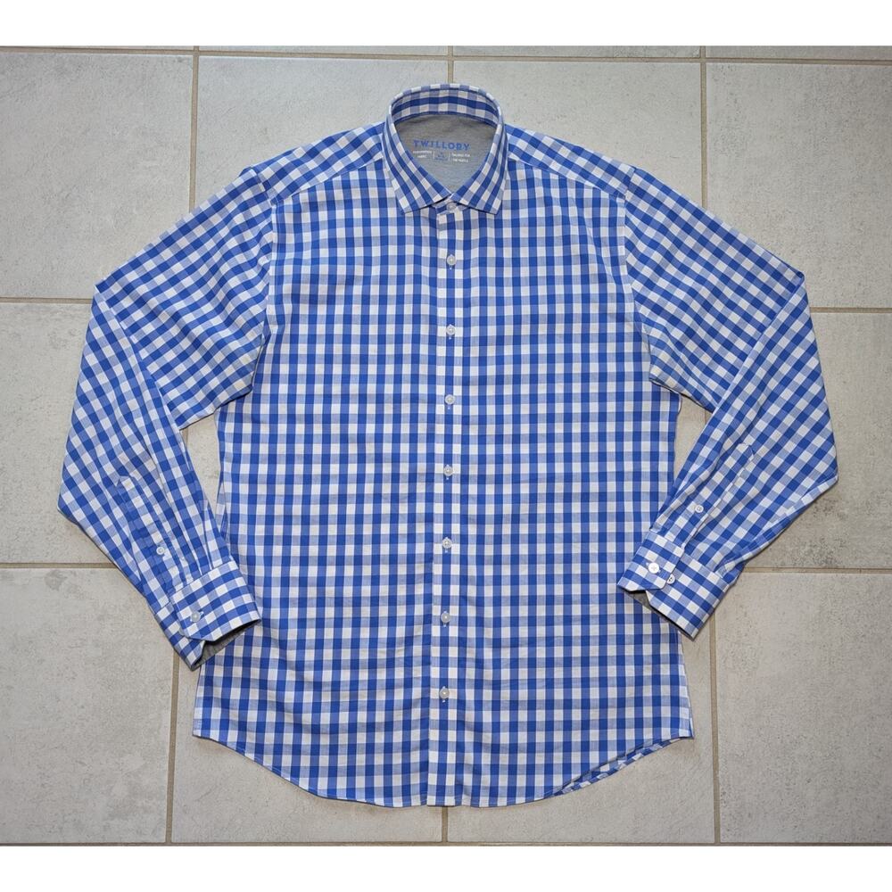 Twillory Men's 16 34-35 Performance Button Up Tailored Fit Blue White Check